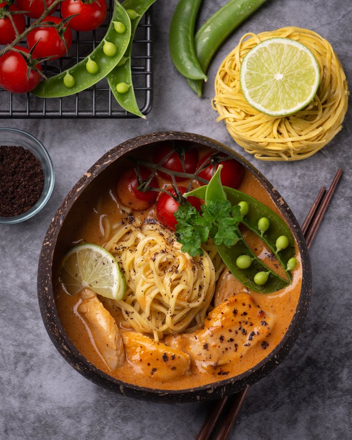 A vibrant chicken curry noodle bowl with cherry tomatoes, lime, and snap peas.